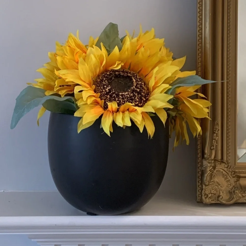 Sunflowers arrangement black large‎ vase home decor fall ceramic pot traditional